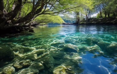 Naklejka premium A serene river scene with clear water and vibrant green trees reflecting on the surface.