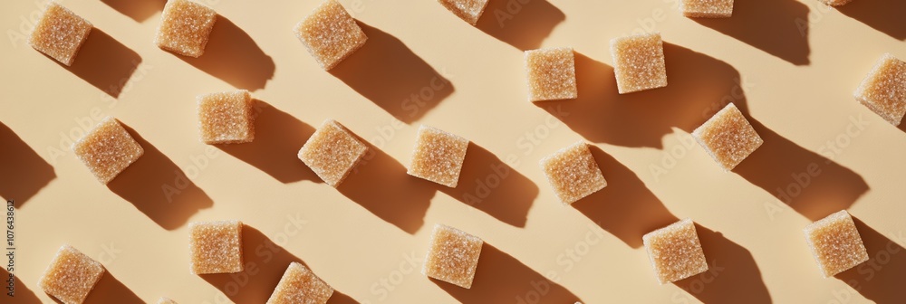 Aufkleber Multiple brown sugar cubes are forming a diagonal pattern on a beige background, casting shadows that enhance the geometric arrangement and highlight the texture of each cube