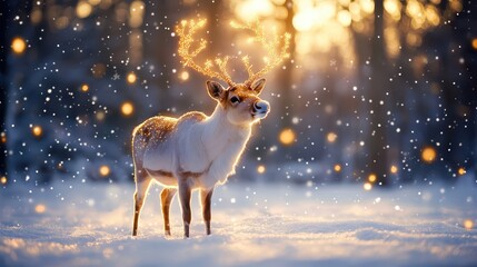 Winter reindeer with twinkling antlers: reindeer with softly glowing antlers, peaceful snowy background, gentle sparkles, magical holiday feel