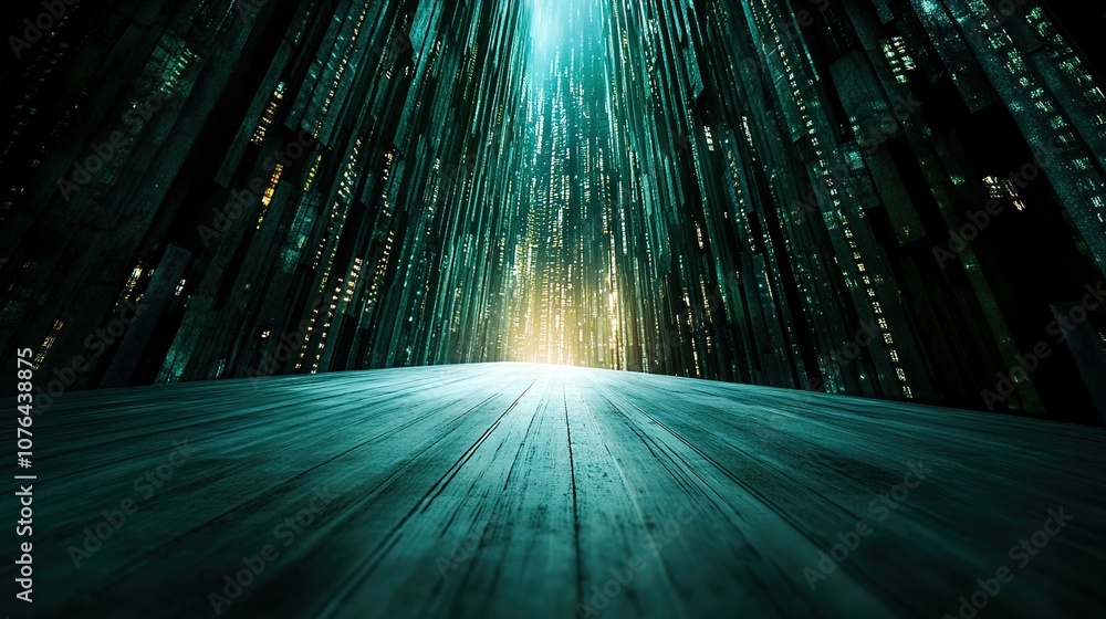 Aufkleber futuristic abstract scene of glowing vertical structures and illuminated pathway in a digital enviro