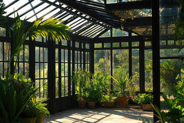 Rustic Greenhouse with Black Window Frames and Warm Vibe for Country Gardens