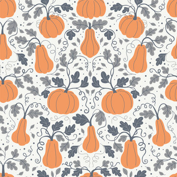 vector pumpkin repeating background. autumn harvest symbols seamless pattern. 