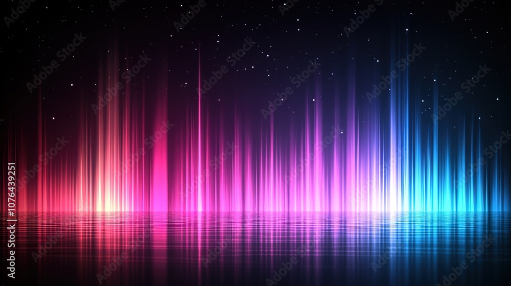 Poster vibrant abstract light waves on a black background with starry sky reflecting in calm water creating
