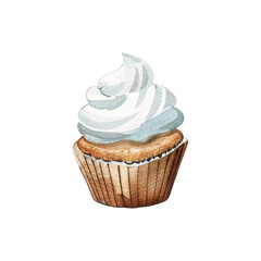 Watercolor cupcake with cream isolated on a white background
