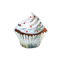 Watercolor cupcake with cream isolated on a white background