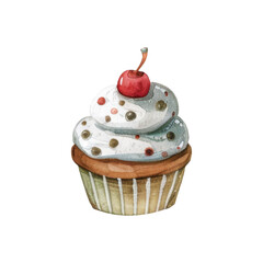 Watercolor cupcake with cream isolated on a white background