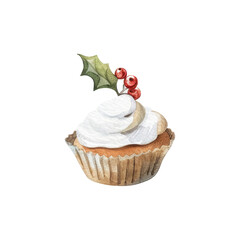 Watercolor cupcake with cream isolated on a white background