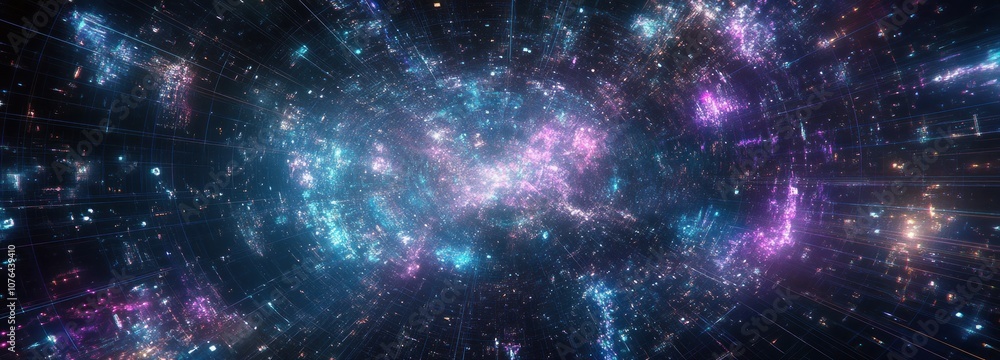 Poster abstract digital nebula with glowing lines and particles