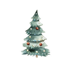 Watercolor christmas tree and decorations isoladet on white background
