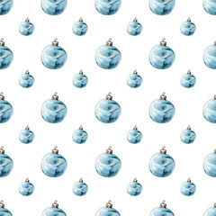 Watercolor pattern with christmas tree decorations on a white background
