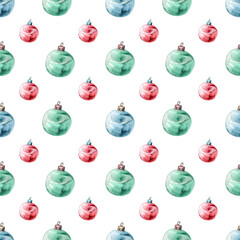 Watercolor pattern with christmas tree decorations on a white background