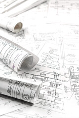 architect design working drawing sketch plans blueprints and making architectural construction model in architect studio,flat lay,architect banner