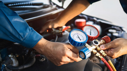 Auto mechanics use a manifold gauge to check refrigerant levels and refill air conditioner refrigerant.