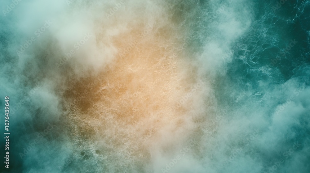 Poster serene abstract aerial view of turquoise and orange ocean waves with soft cloud cover and gentle foa