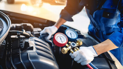 Auto mechanics use a manifold gauge to check refrigerant levels and refill air conditioner refrigerant.