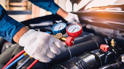 Auto mechanics use a manifold gauge to check refrigerant levels and refill air conditioner refrigerant.