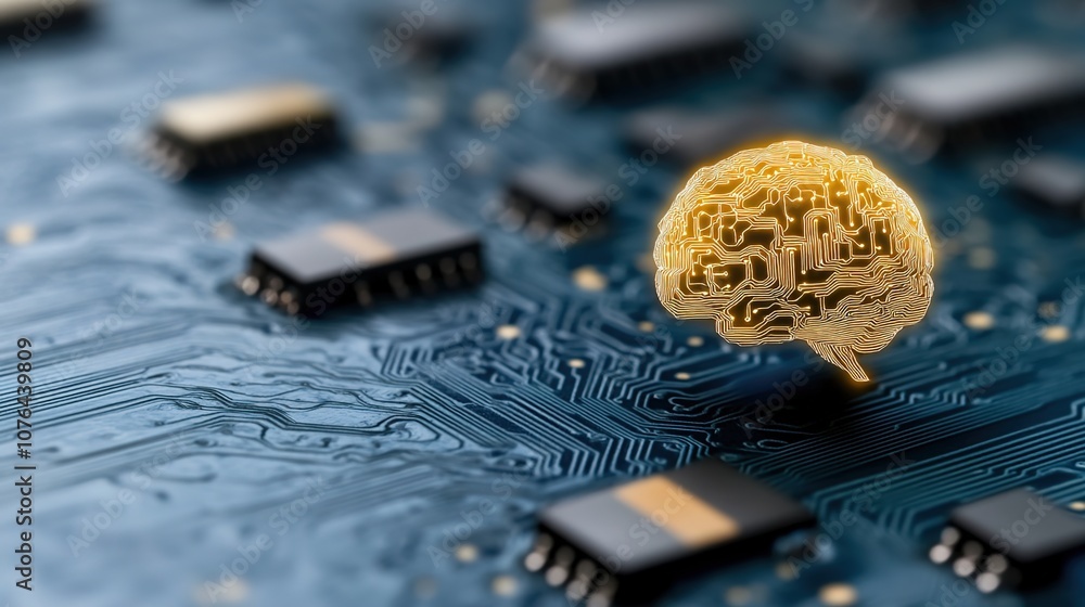 Poster abstract representation of artificial intelligence symbolized by a glowing brain overlaid on a compl
