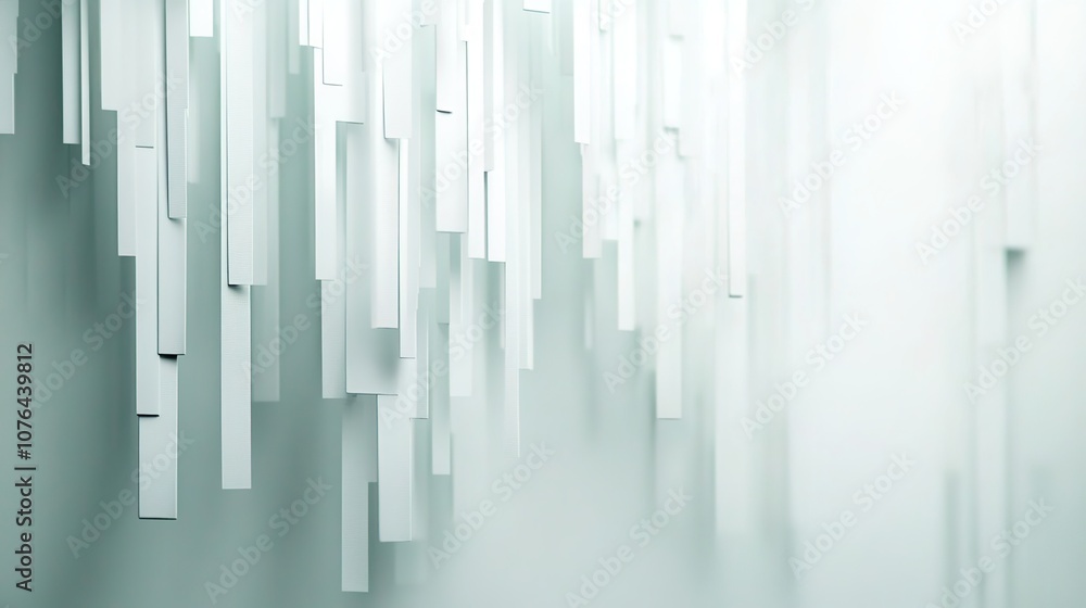 Poster abstract minimalist art installation with white vertical strips cascading down against a soft light 