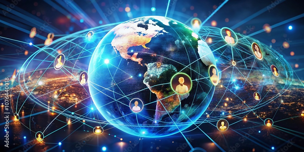 Poster creative 3d rendering of a global map with vibrant user connections depicting digital interaction an