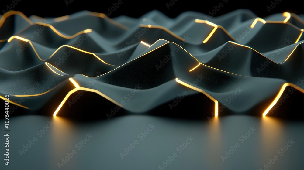 Aufkleber abstract 3d waves with illuminated lines and shadows on dark background for innovative design inspir