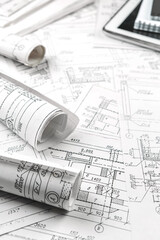 architect design working drawing sketch plans blueprints and making architectural construction model in architect studio,flat lay,architect banner