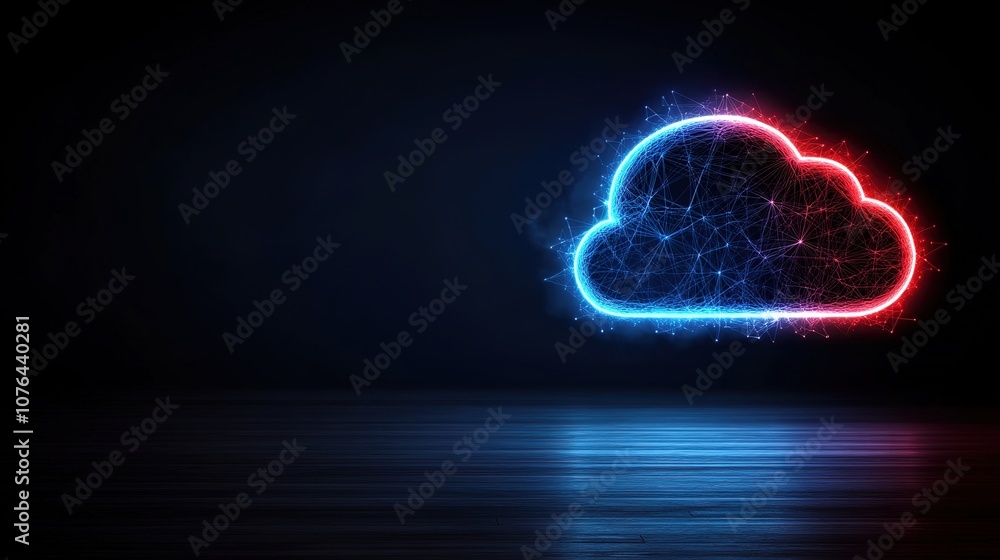 Poster digital cloud concept with neon blue and red glow on dark background representing data storage, netw