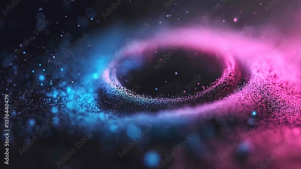 Poster vibrant cosmic particle swirl with glowing blue and pink dust in space creating an ethereal abstract