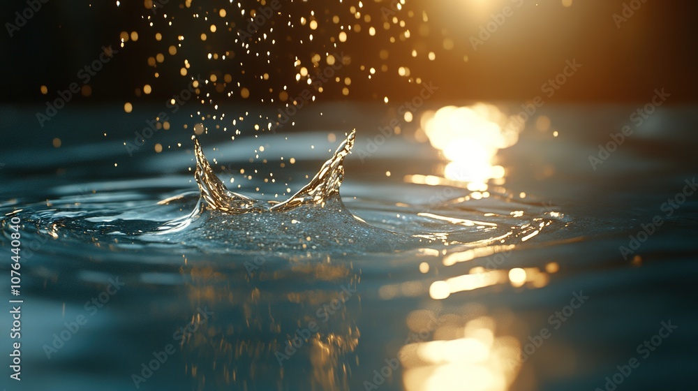 Poster close-up capture of water droplet splashing on calm surface with sunlight reflection creating glitte
