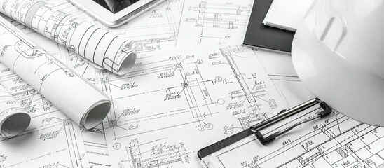 architect design working drawing sketch plans blueprints and making architectural construction model in architect studio,flat lay,architect banner