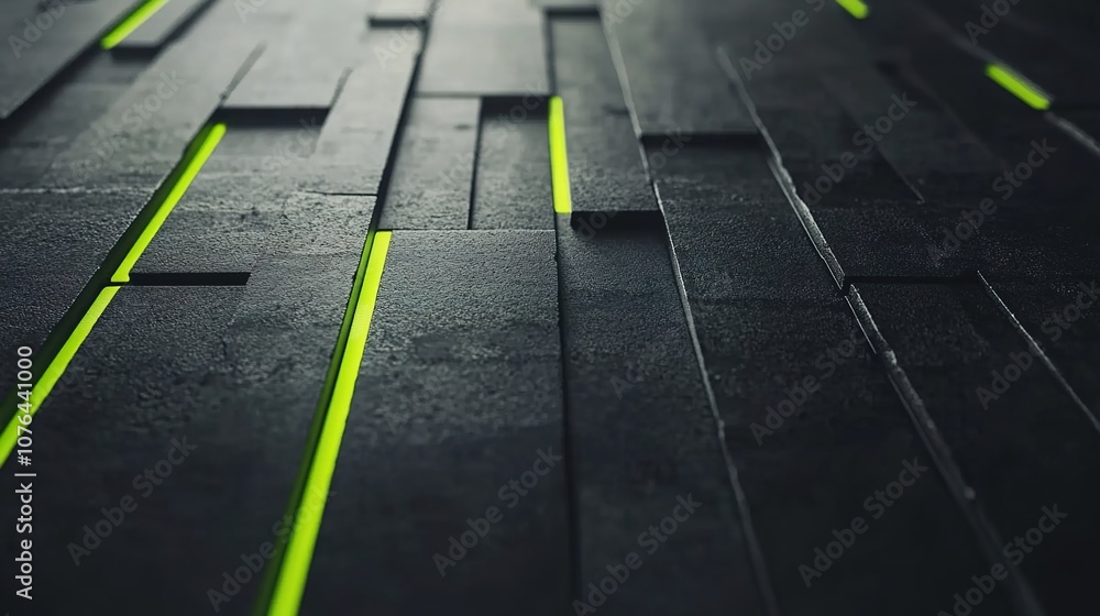 Poster textured surface with subtle patterns and neon green lines on dark material for modern design or tec