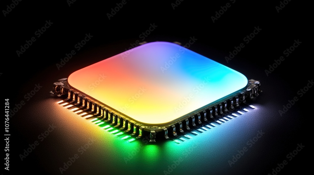 Poster vibrant rainbow colored microchip illuminating dark background creating a futuristic and technologic