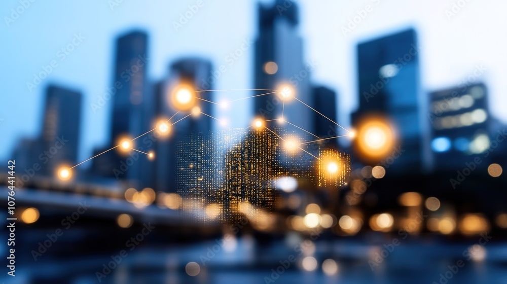 Poster abstract representation of data analysis and digital technology with modern city skyline background,