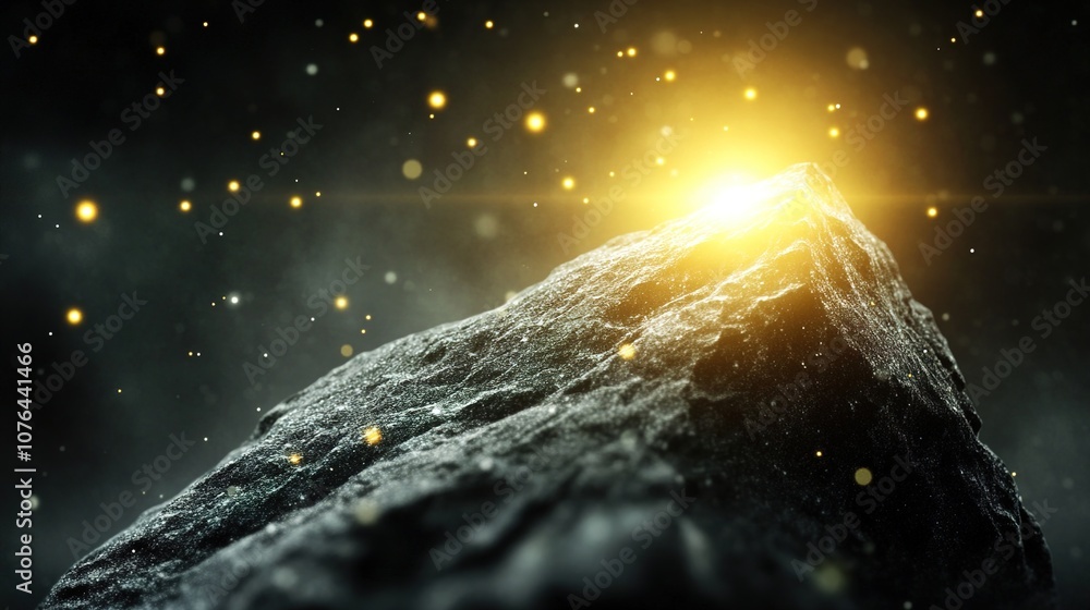 Poster a solitary rock illuminated by a brilliant light, surrounded by sparkling particles creating a magic