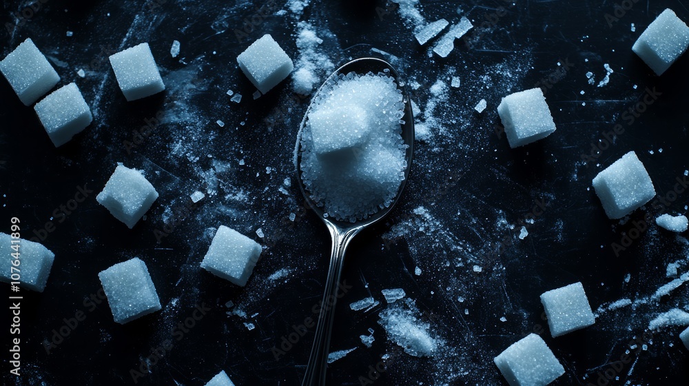 Aufkleber Granulated and cube sugar is laying on a dark background with a spoon full of it, creating an abstract food photography composition