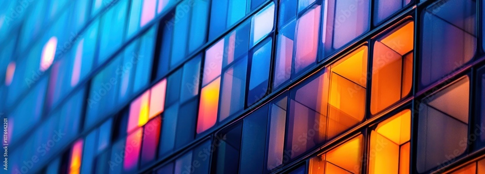 Poster abstract pattern of multicolored glass panels on a modern building