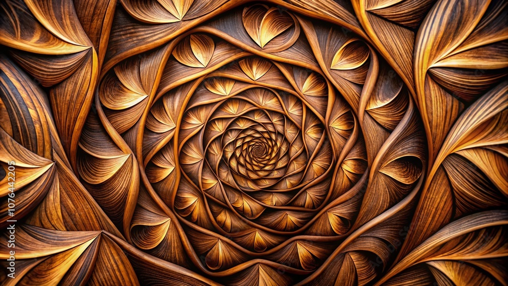 Poster dark twisted wooden abstract design with flowerlike spiral in motion, unique kaleidoscope patterns f
