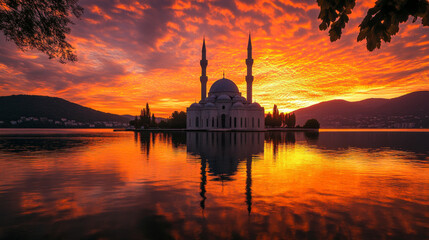 Fototapeta premium Photo of the Mosque against the sunset sky with a reflection on the water, beautiful golden and orange colors in the evening sky