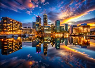Fototapeta premium Dazzling Cityscape with Illuminated Architecture Reflecting Off Water Under a Dark Evening Sky, Capturing the Essence of Urban Nightlife and Serenity in Stunning Detail