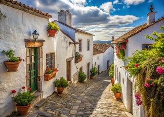 Obraz premium Degraded Whitewashed Houses and Narrow Streets in Monsaraz, Alentejo, Portugal Capturing the Charm of Historic Architecture and Scenic Beauty of Traditional Villages
