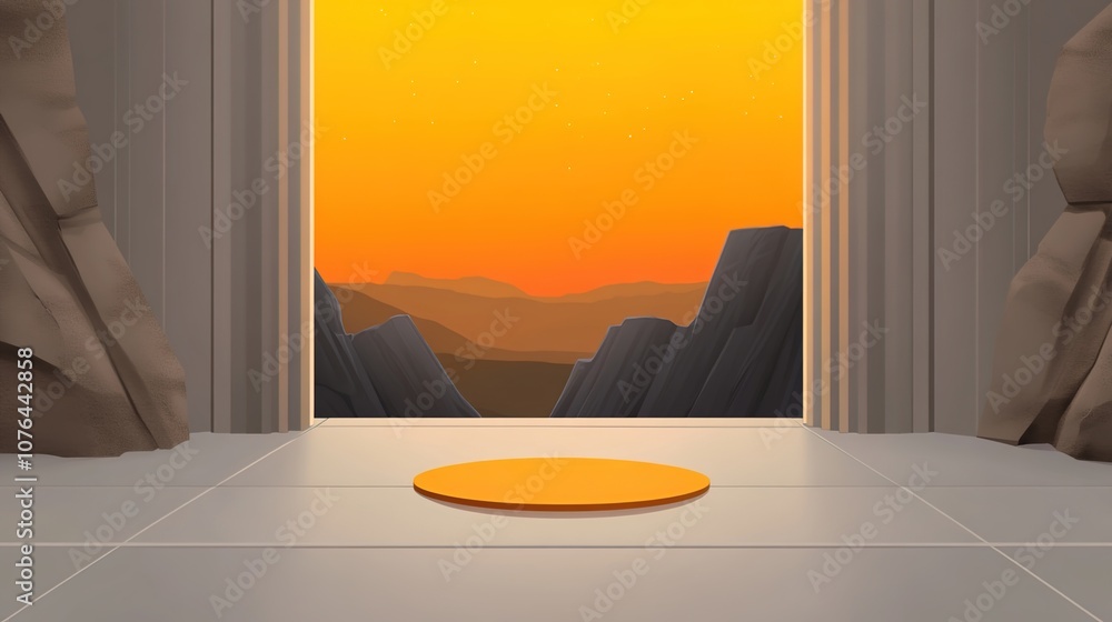 Poster abstract view through open doors to sunset over rocky landscape, featuring a circular platform in a 