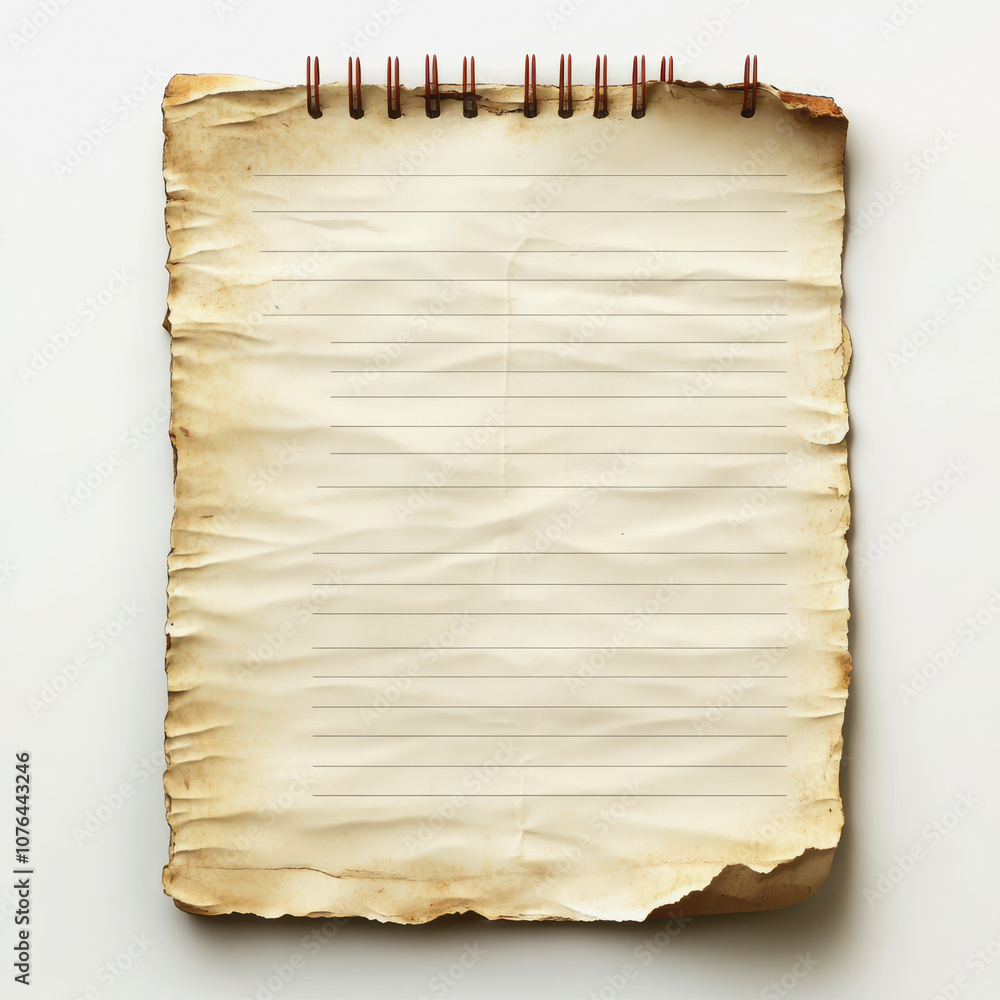 Poster vintage blank notebook page with torn edges and copper spiral binding, isolated on white background 