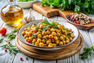 Delicious Homemade Chickpeas Served on a Rustic White Wooden Board with Fresh Ingredients, Enhancing the Comfort of Home Cooking and Healthy Eating in a Bright, Inviting Setting