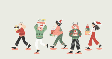 people with Christmas gifts. set of person holding and carrying wrapped giftboxes. 