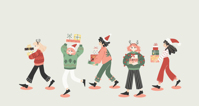 people with Christmas gifts. set of person holding and carrying wrapped giftboxes. 