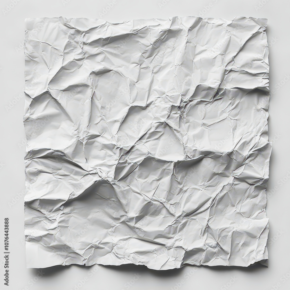 Poster crumpled white paper texture with deep creases and unique patterns ideal for backgrounds, overlays, 