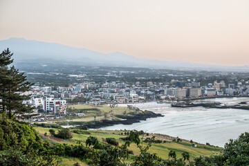 Hamdeok Beach Town and Mount Hallasan on Jeju Island, Korea