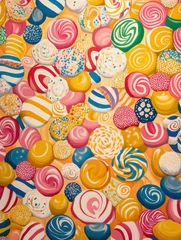 Papier peint photo  Illustration colorful pattern of different caramels sweets and lollipops on background  © Olga