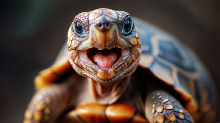 Naklejka premium Close-Up of Smiling Tortoise with Intricate Shell Patterns and Open Mouth Expression, Capturing Personality and Detailed Textures in Natural Lighting