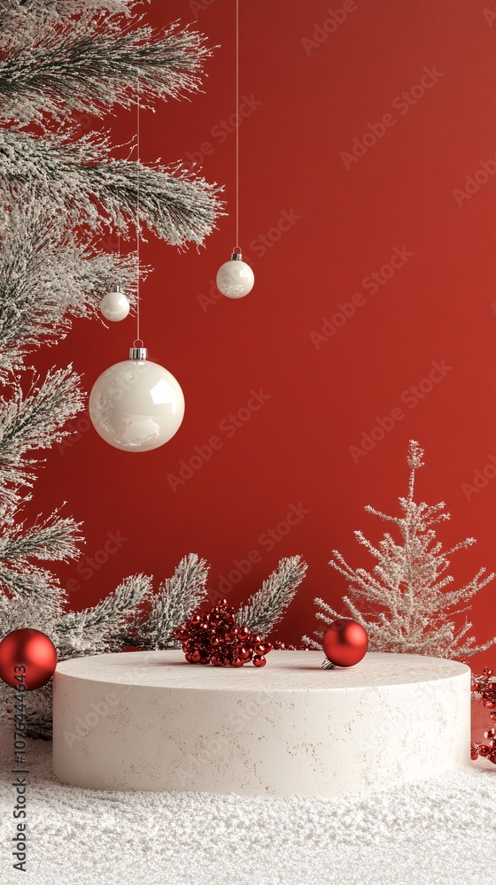Poster christmas podium displaying hanging ornaments and snowy pine branches on red background