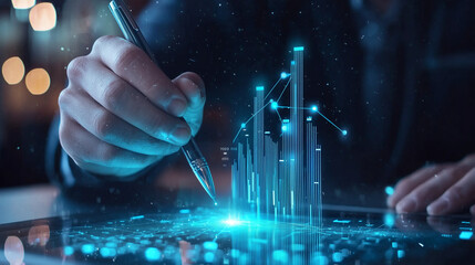 Businessman Analyzing Financial Data on Holographic Display